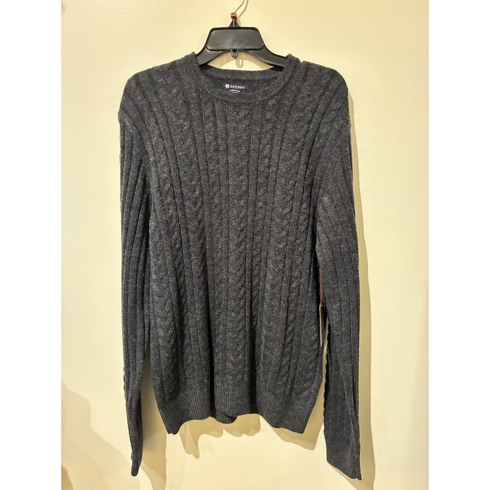 NWT Sperry Mens‎ Premium Cable Knit Wool Blend Sweater Charcoal Heather Grey M